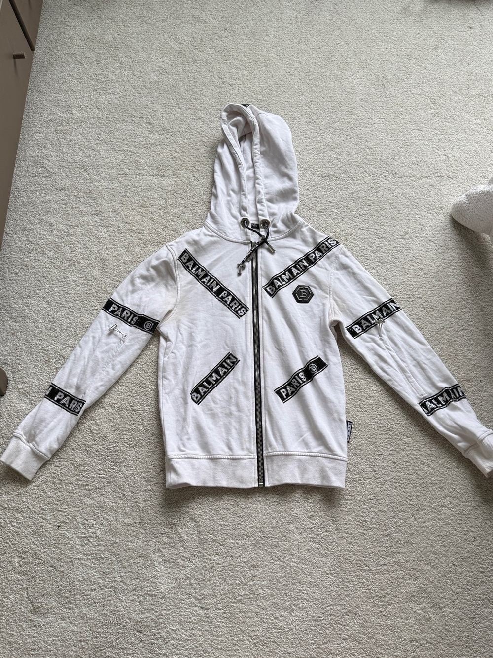 Balmain White Logo-Tape Hooded Zip Jacket